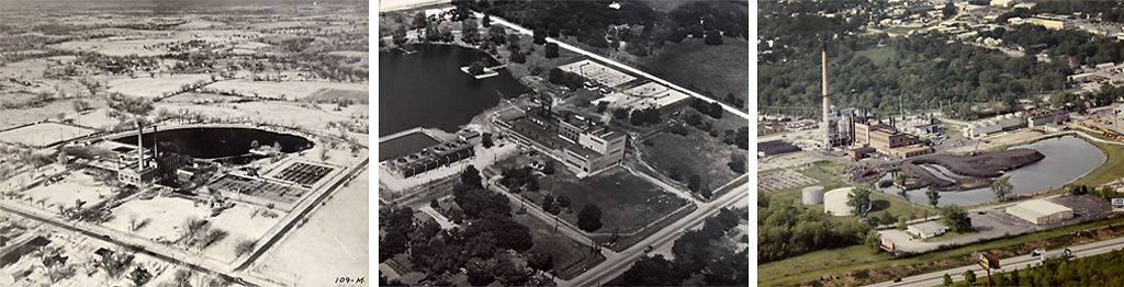 Undated aerial photographs show the growth of Columbia Municipal Power Plant and its ash pollution
